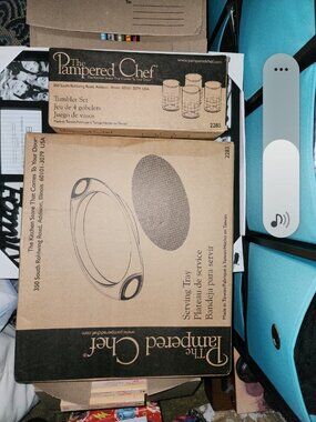 Pampered Chef Blue serving trey and cups